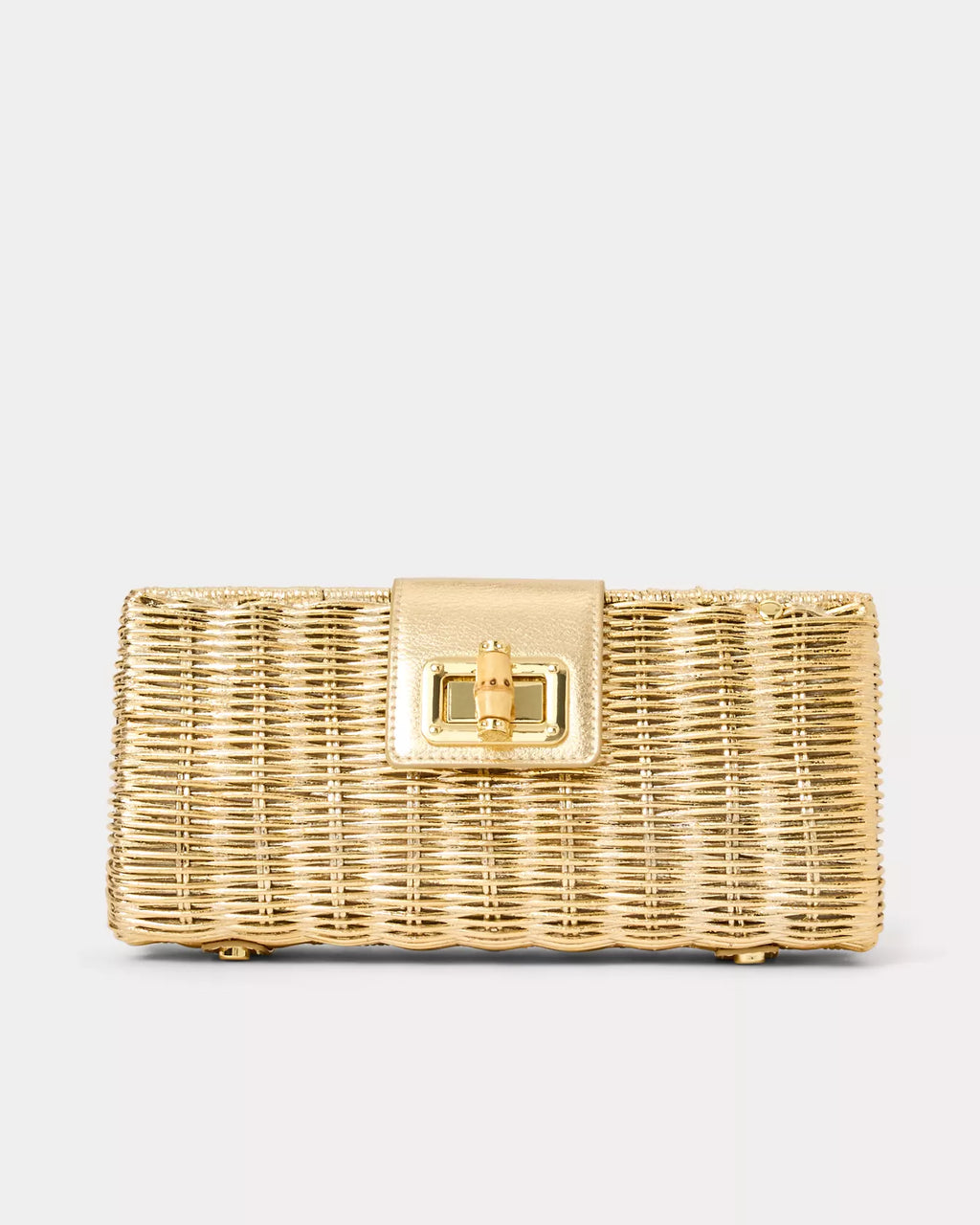Metallic Gold Wicker Bamboo Turn Lock Clutch Crossbody Bag