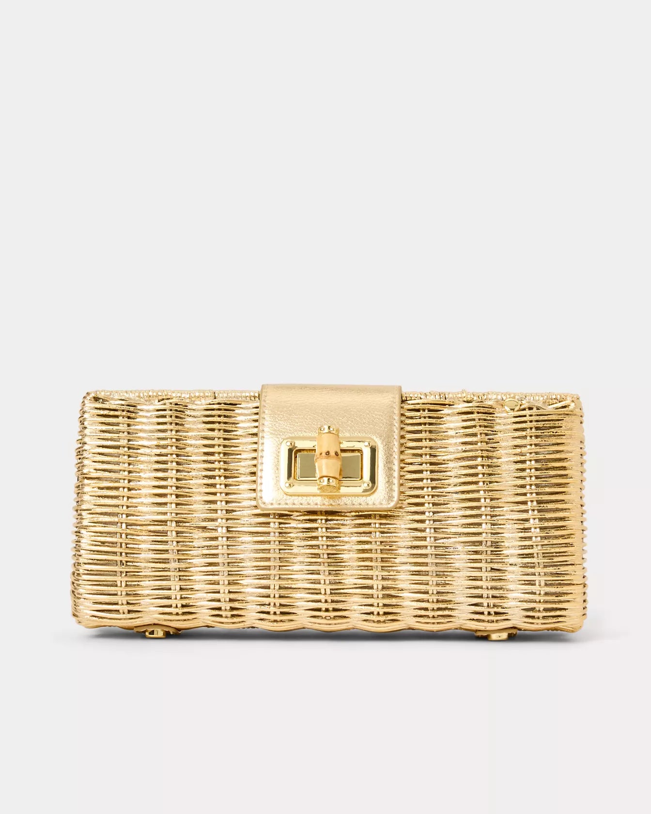 Metallic Gold Wicker Bamboo Turn Lock Clutch Crossbody Bag