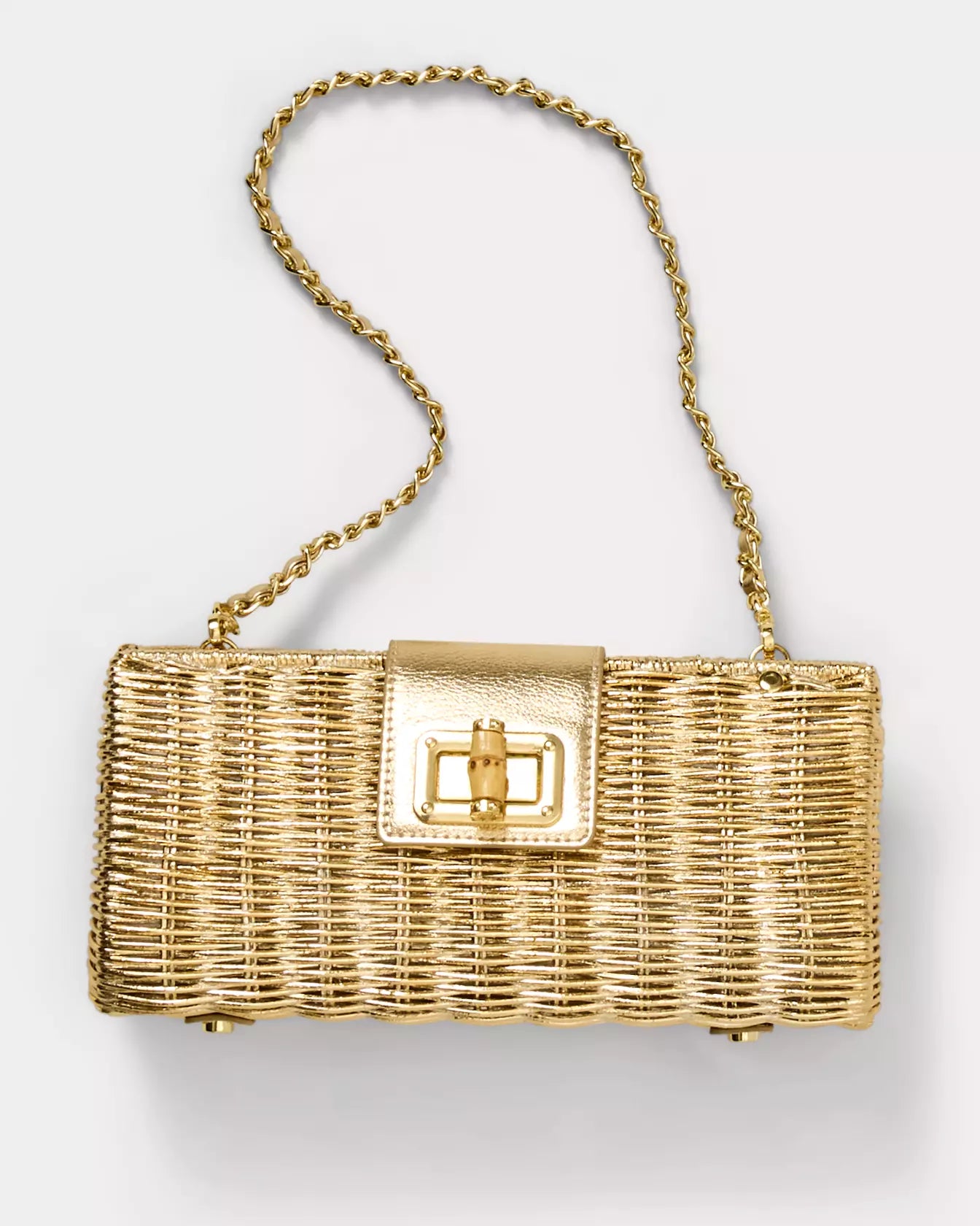 Metallic Gold Wicker Bamboo Turn Lock Clutch Crossbody Bag