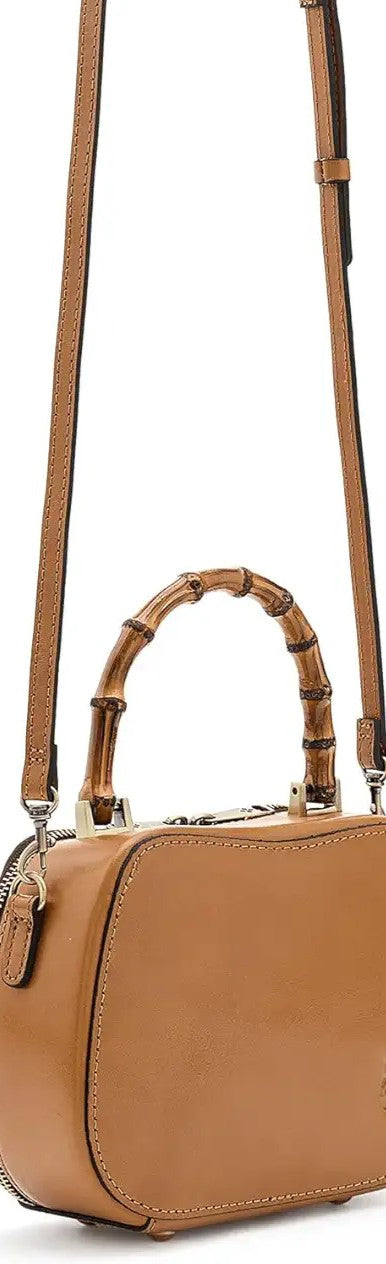 Embossed Floral Bamboo Handle Mini Leather Box Crossbody Bag