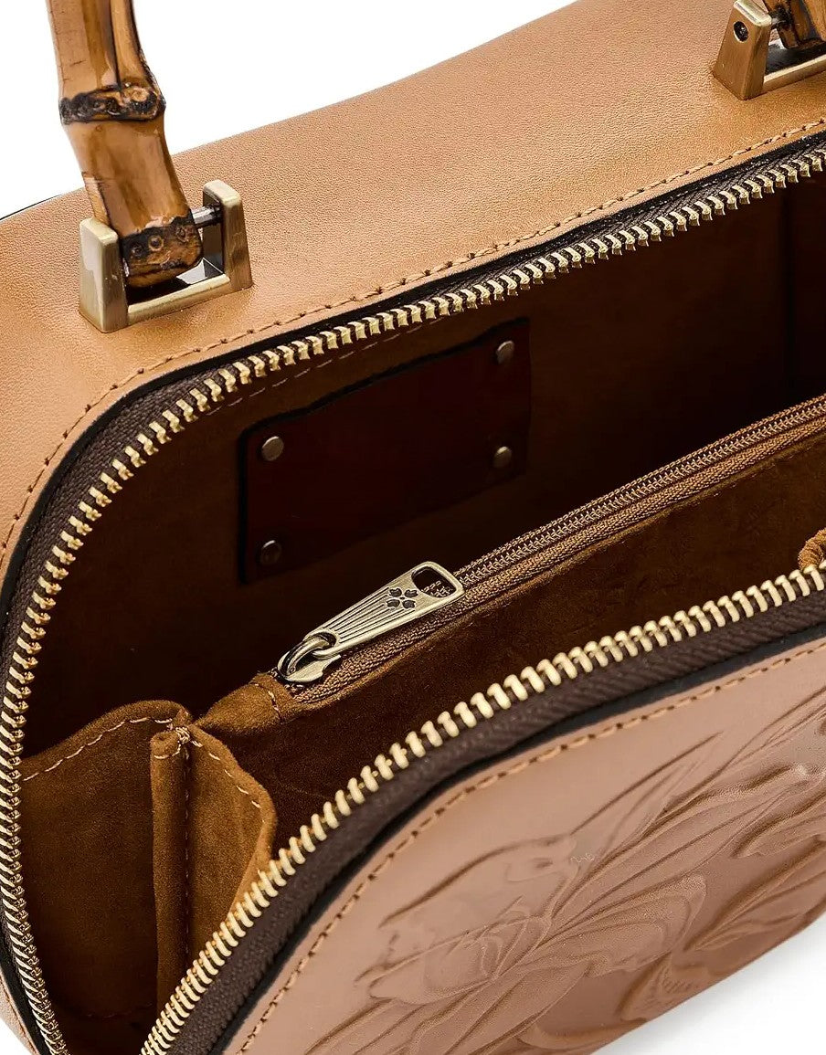 Embossed Floral Bamboo Handle Mini Leather Box Crossbody Bag