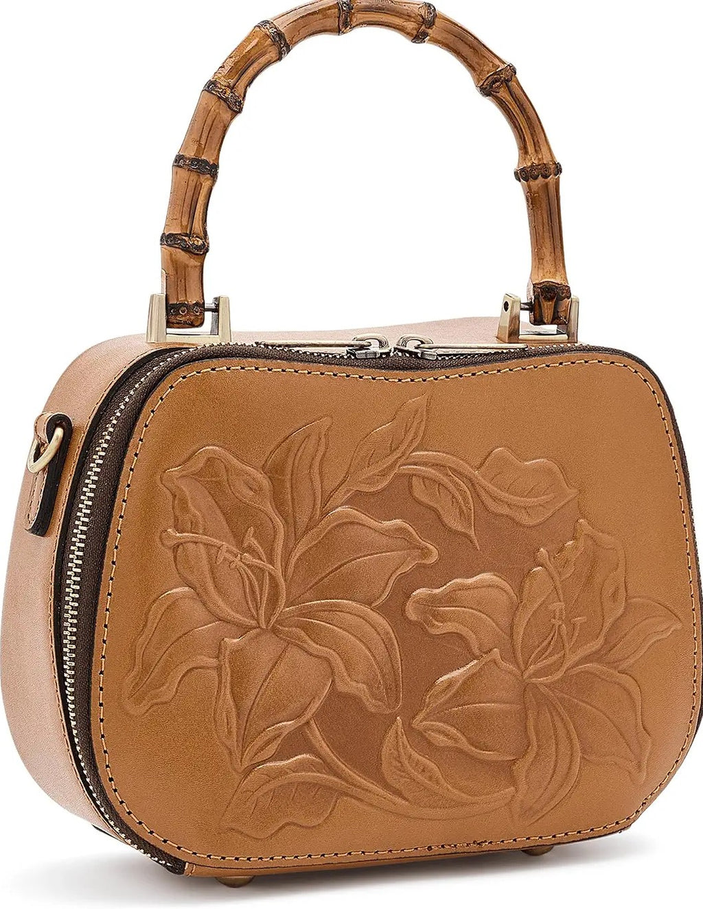 Embossed Floral Bamboo Handle Mini Leather Box Crossbody Bag