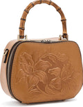 Embossed Floral Bamboo Handle Mini Leather Box Crossbody Bag