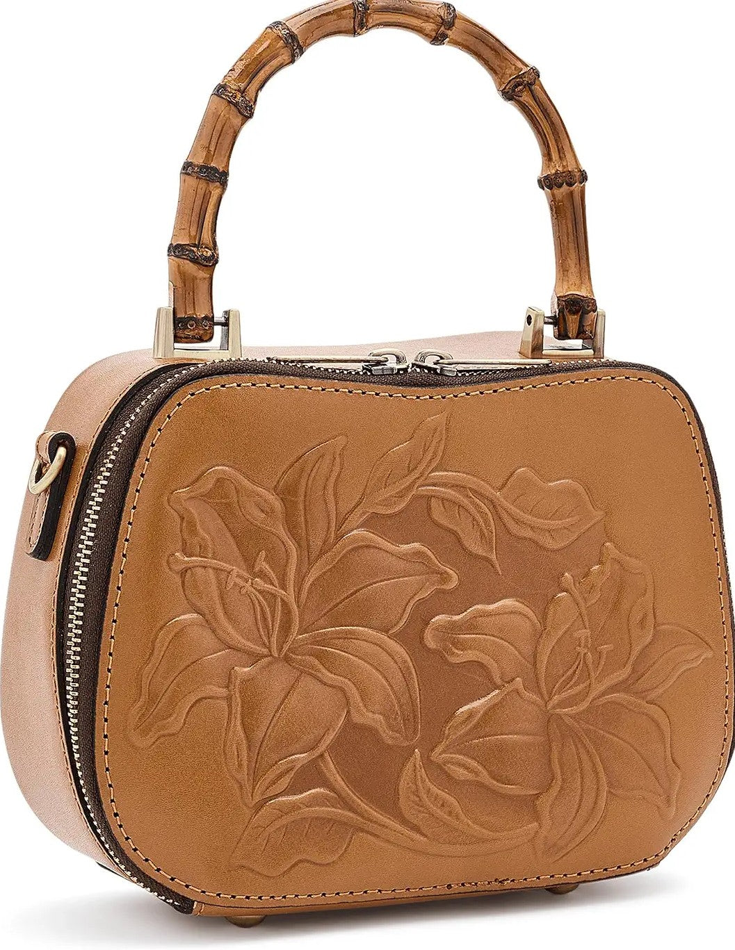 Embossed Floral Bamboo Handle Mini Leather Box Crossbody Bag