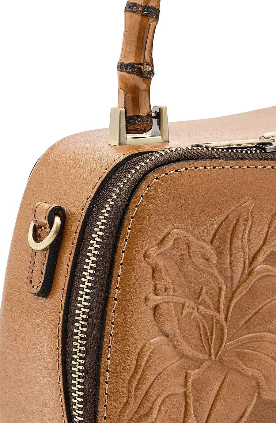 Embossed Floral Bamboo Handle Mini Leather Box Crossbody Bag