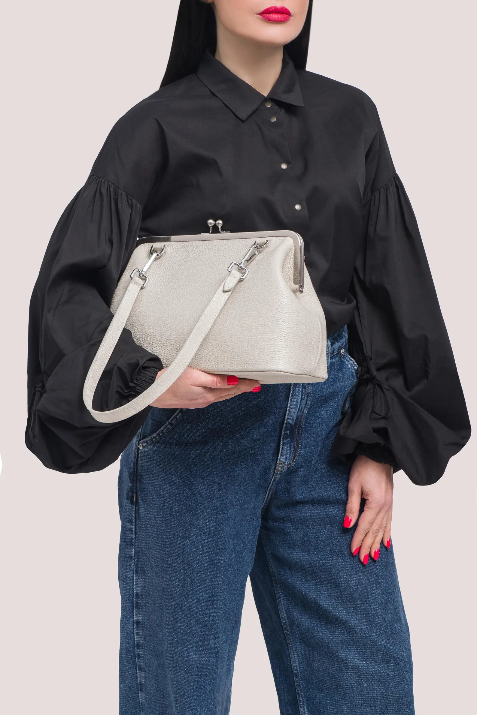Pebble Grain Detachable Strap Kiss Lock Shoulder Crossbody Bag