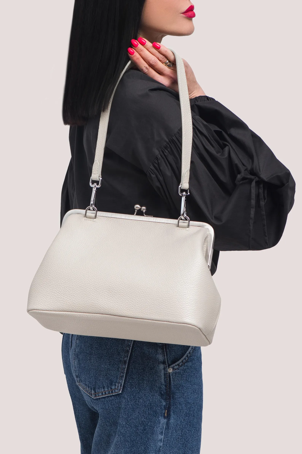 Pebble Grain Detachable Strap Kiss Lock Shoulder Crossbody Bag