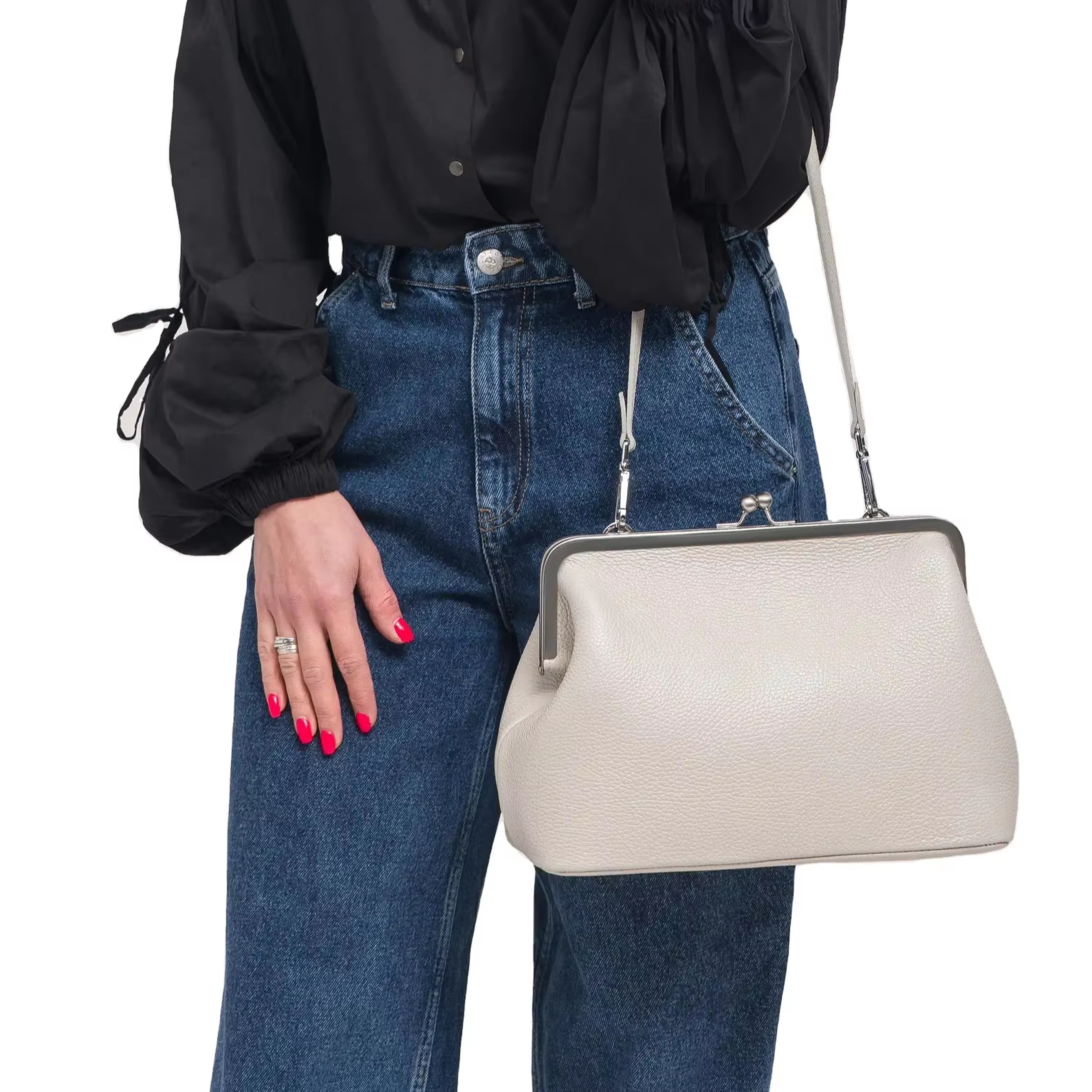 Pebble Grain Detachable Strap Kiss Lock Shoulder Crossbody Bag