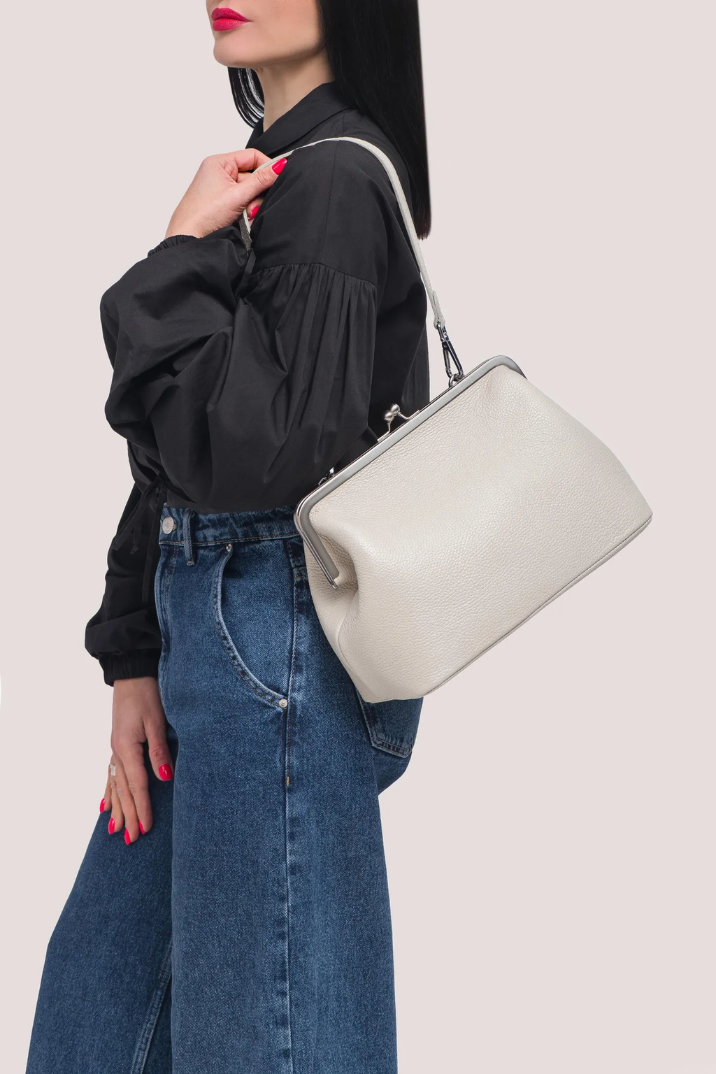 Pebble Grain Detachable Strap Kiss Lock Shoulder Crossbody Bag