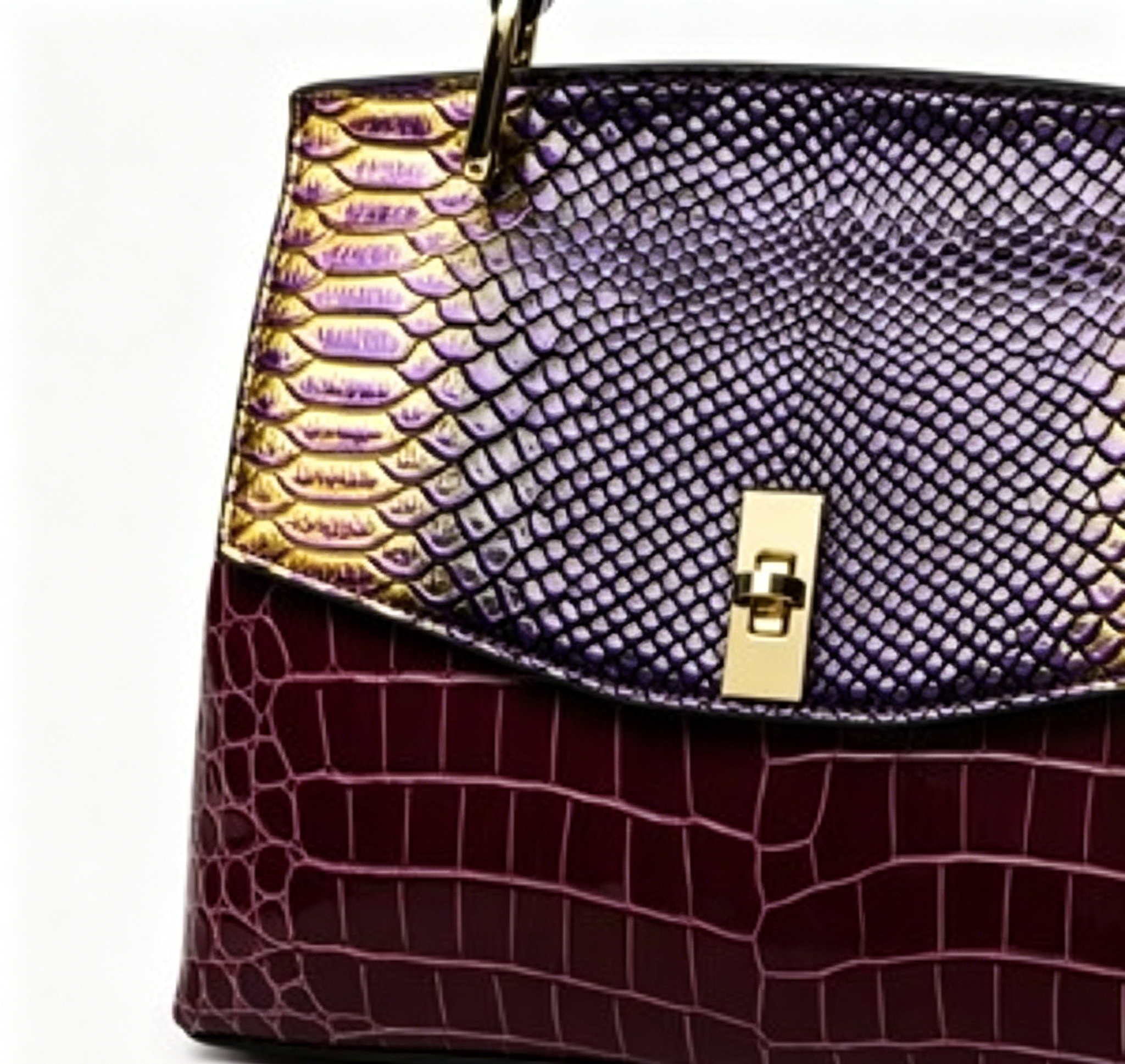 Two-Tone Croc Snake Embossed Turn Lock Top Handle Shoulder Bag