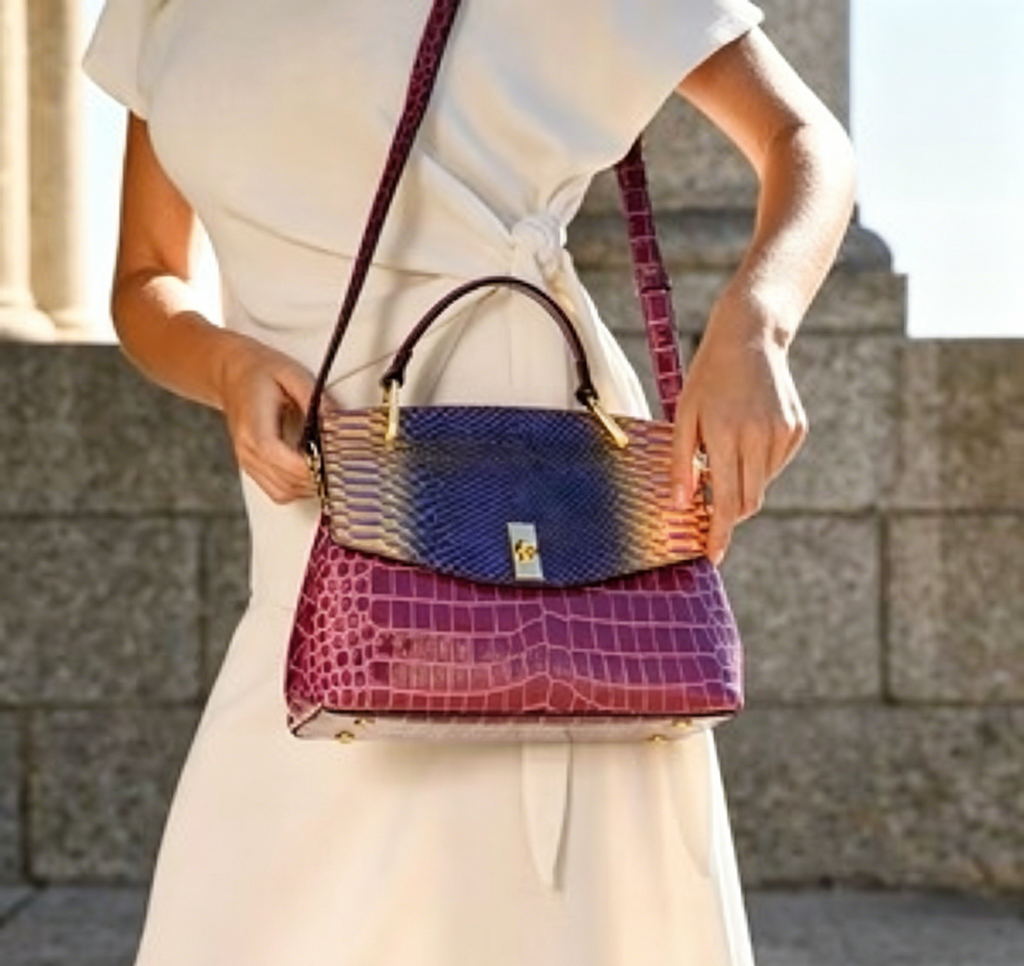 Two-Tone Croc Snake Embossed Turn Lock Top Handle Shoulder Bag
