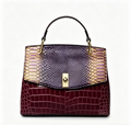 Two-Tone Croc Snake Embossed Turn Lock Top Handle Shoulder Bag