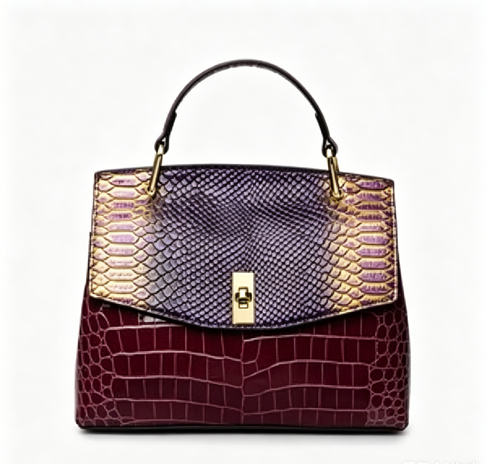 Two-Tone Croc Snake Embossed Turn Lock Top Handle Shoulder Bag