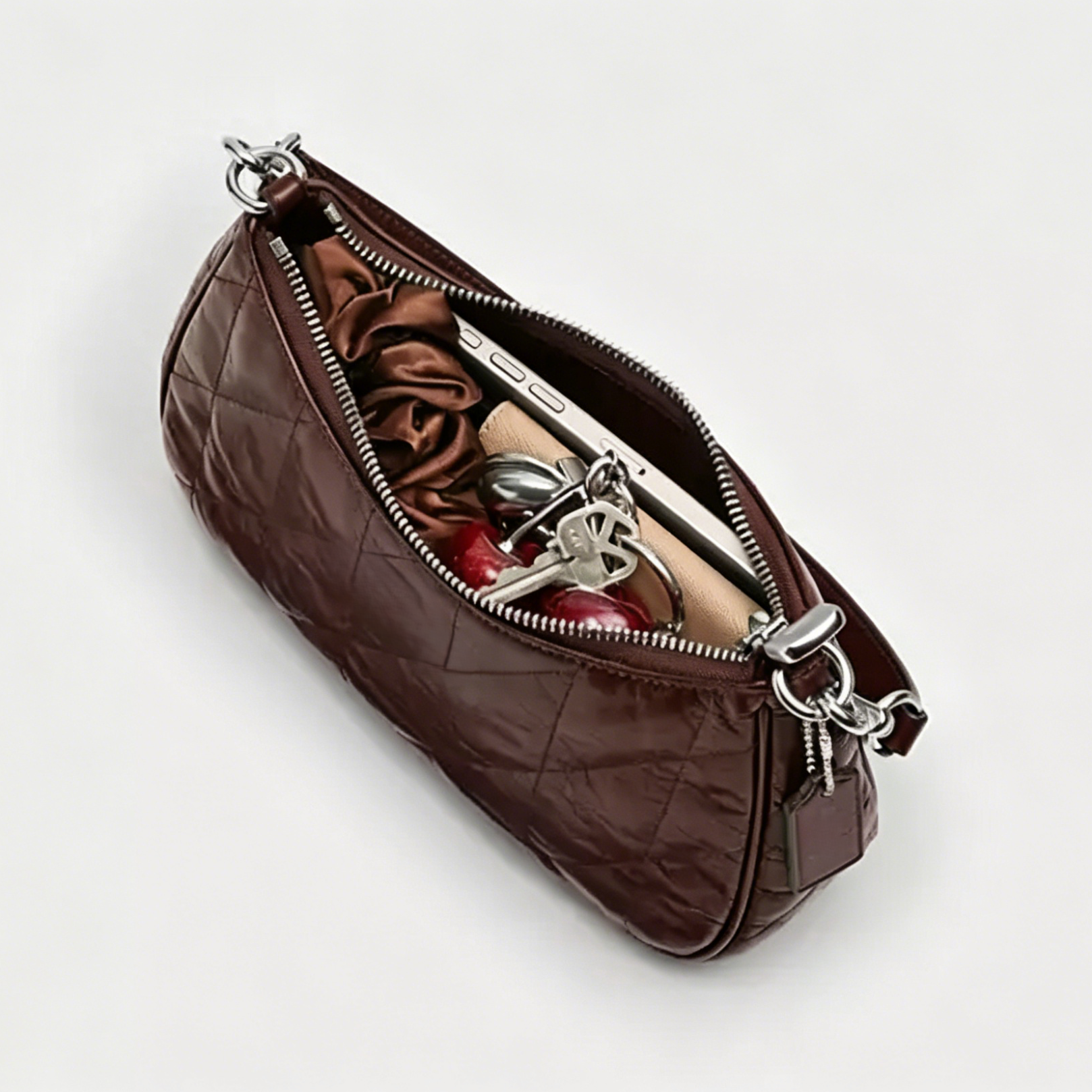 Quilted Glazed Leather Convertible Hobo Shoulder Crossbody Bag